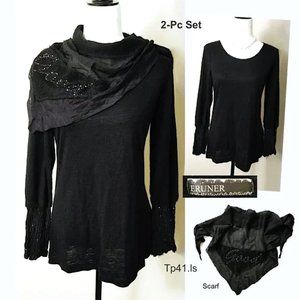 ERUNER 2-pc Set Black Tunic Long Sleeved Round Neck w/ matching Scarf M-L